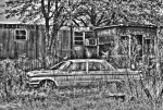 surreal, antique car, black and white