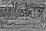 surreal, antique car, black and white